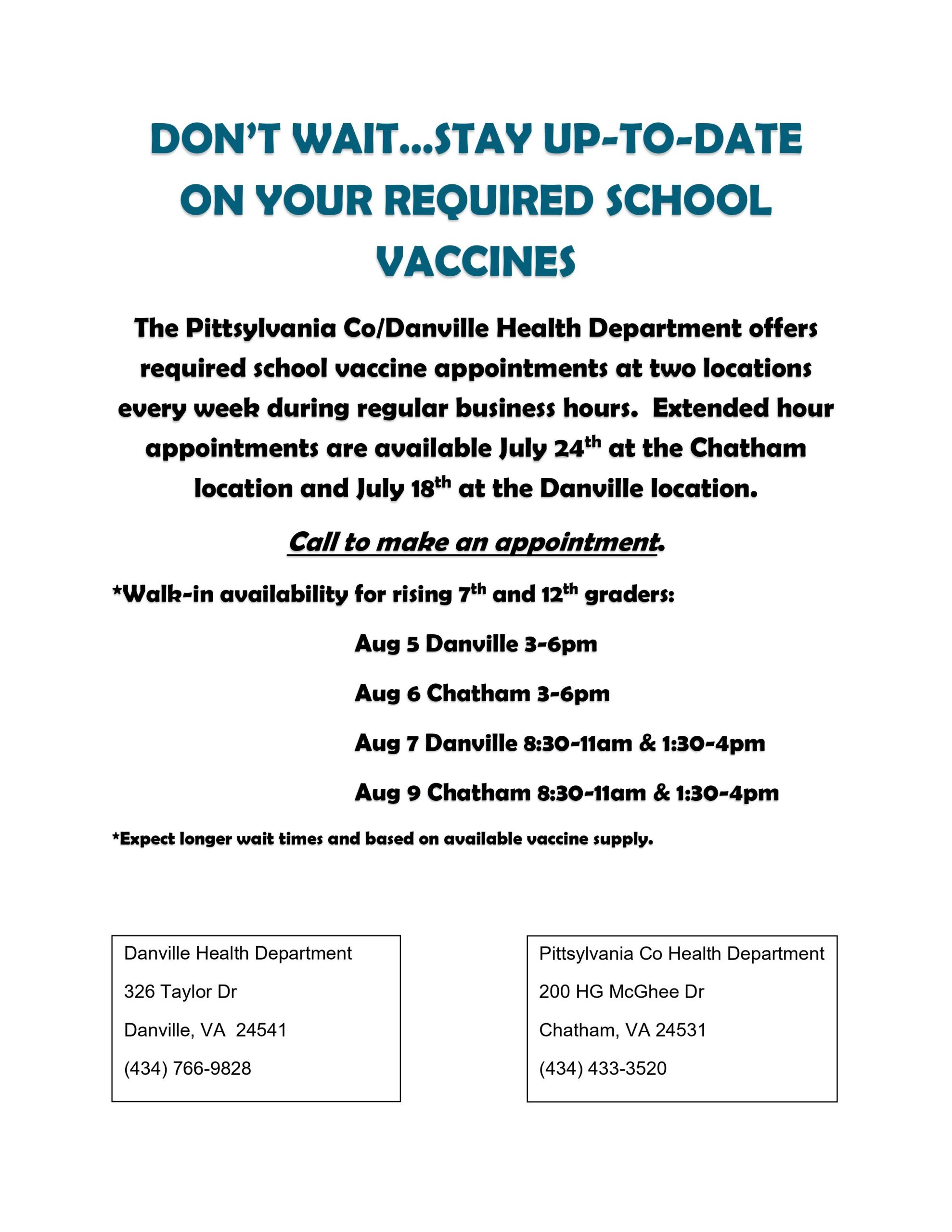 Flyer to remind individuals to stay up to date on required school vaccines with contact information for the two health departments.