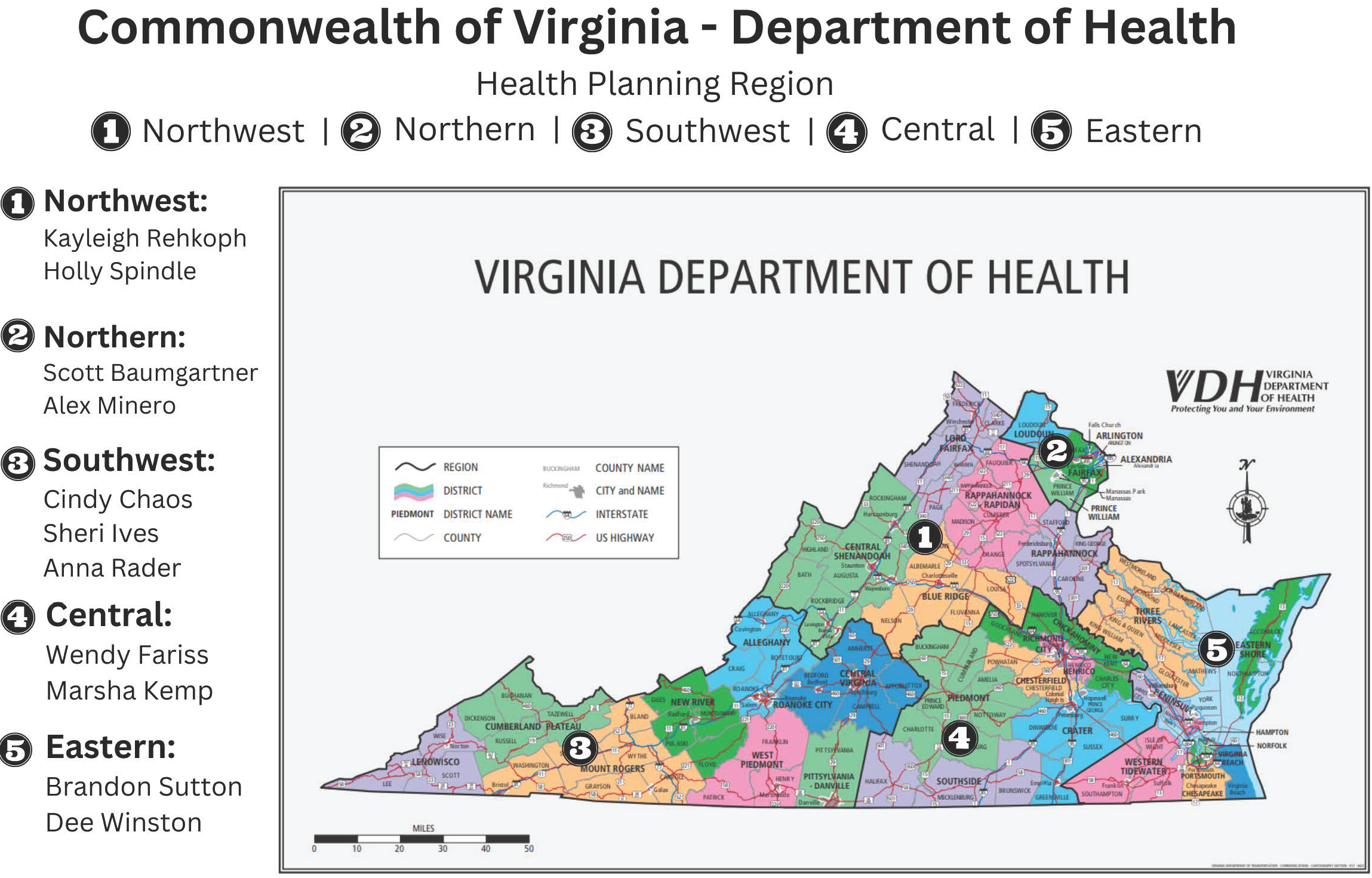 Map of Regional Infection Preventionists in the 5 regions of Virginia