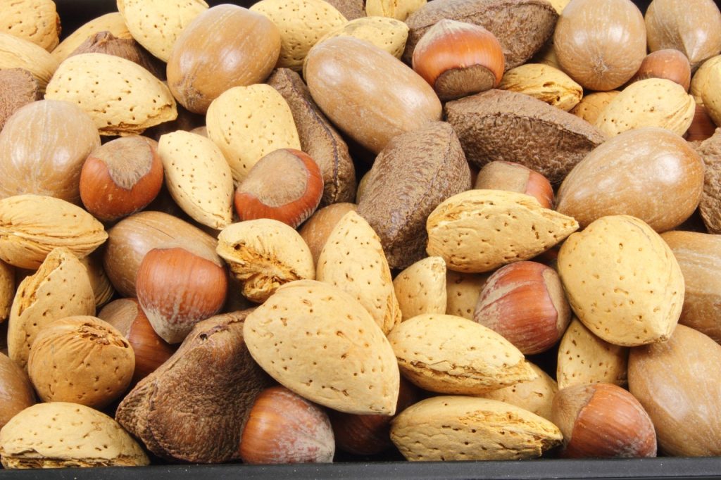 Close u pf mixed nuts, including almonds, pecans, and hazelnuts