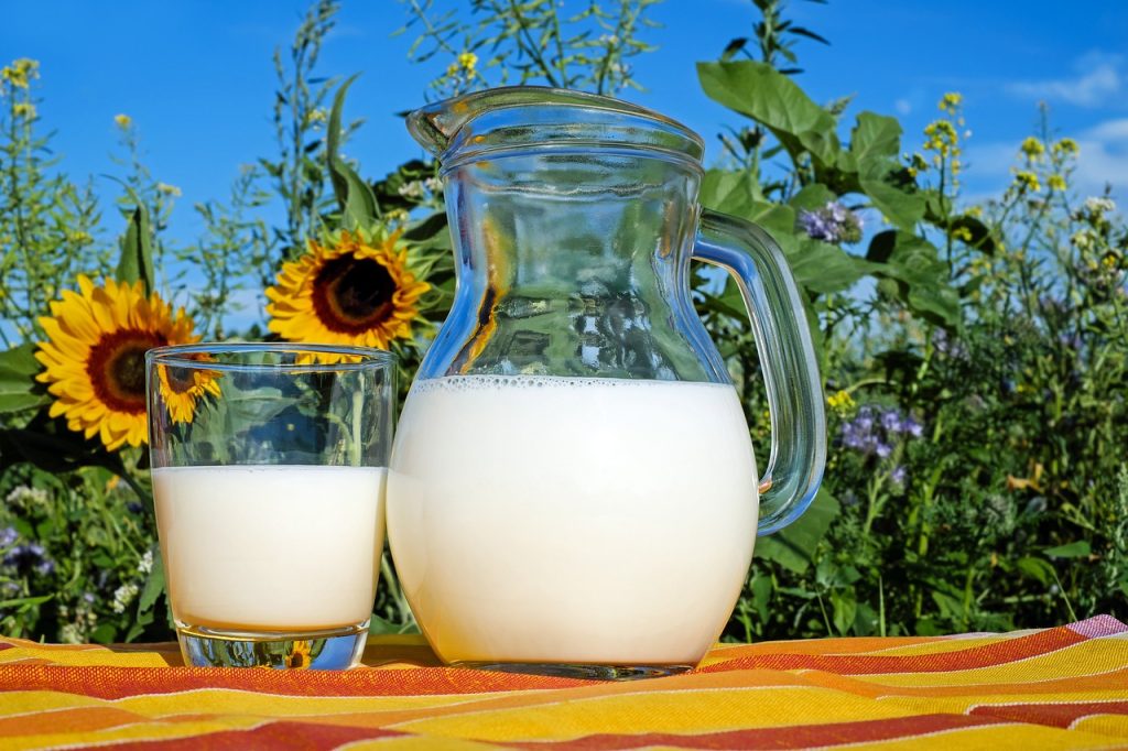 Pitcher and glass of milk on a table with sunflowers in the background