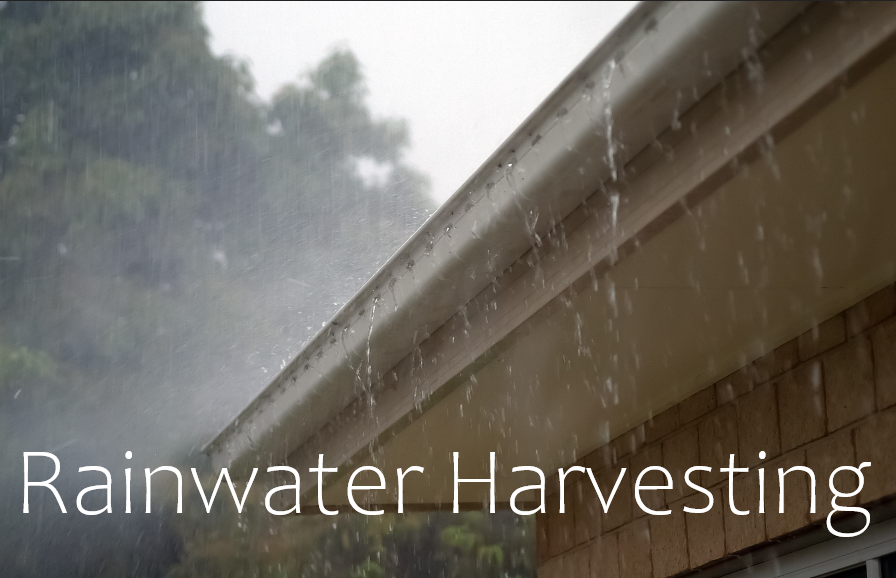 Image of a roof and gutter labeled "Rainwater Harvesting"