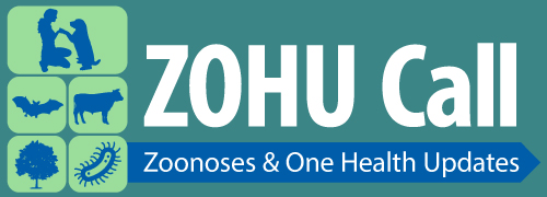 ZOHU Call Logo Zoonoses & One Health Updates. Includes images of person with dog, bat, livestock, tree, and microbe.