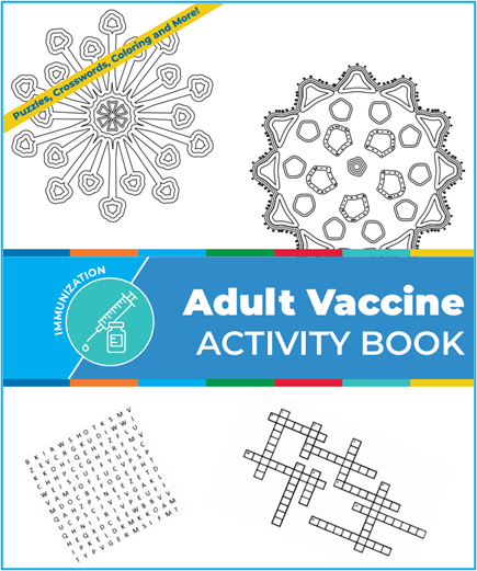 Adult Vaccine Activity Book Cover Page with puzzles and microbes.