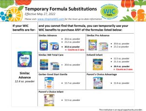 WIC Formula Substitution List - 2022 - Women, Infants and Children
