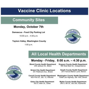 Graphic with vaccine clinic locations in Mount Rogers Health District.