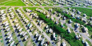 An ariel view of a large RV park. 